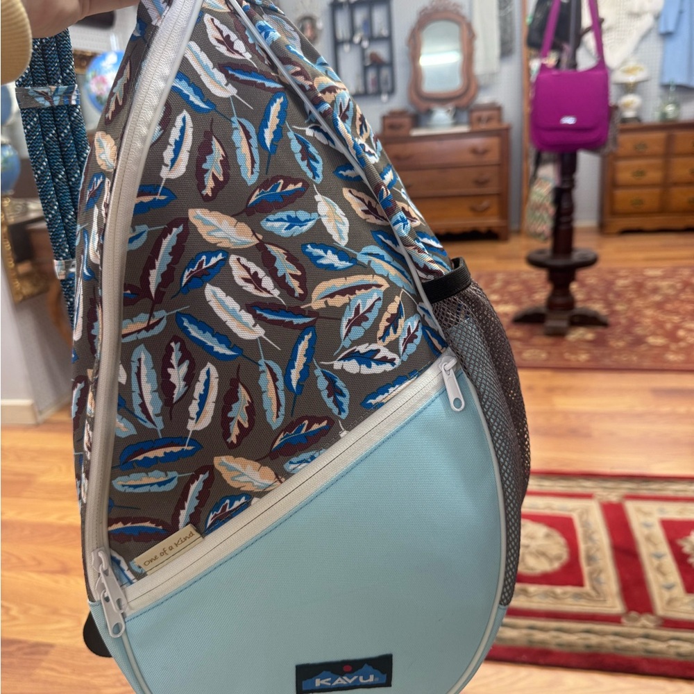 KAVU Women's Sling Bag - Blue and Brown Leaf Design
